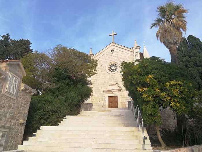 Church with a wide staircase and a palm tree